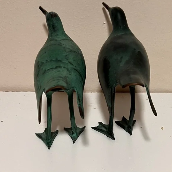 Vintage Pair Bronze Shorebird Figurines Green Verdigris Patina Coastal Decor MCM - Picture 6 of 9